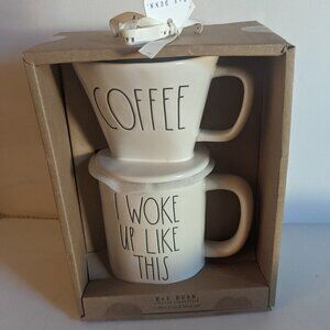 NWT Rae Dunn Ceramic Coffee Drip & Mug Set 'I Woke Up Like This' Kitchen Kitsch
